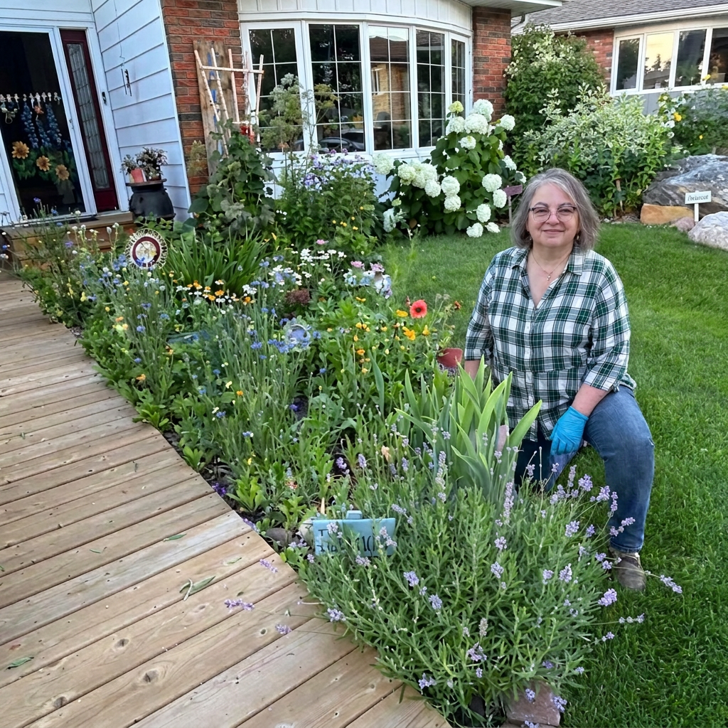 Cindy kneeling in a lush raised-bed flower garden